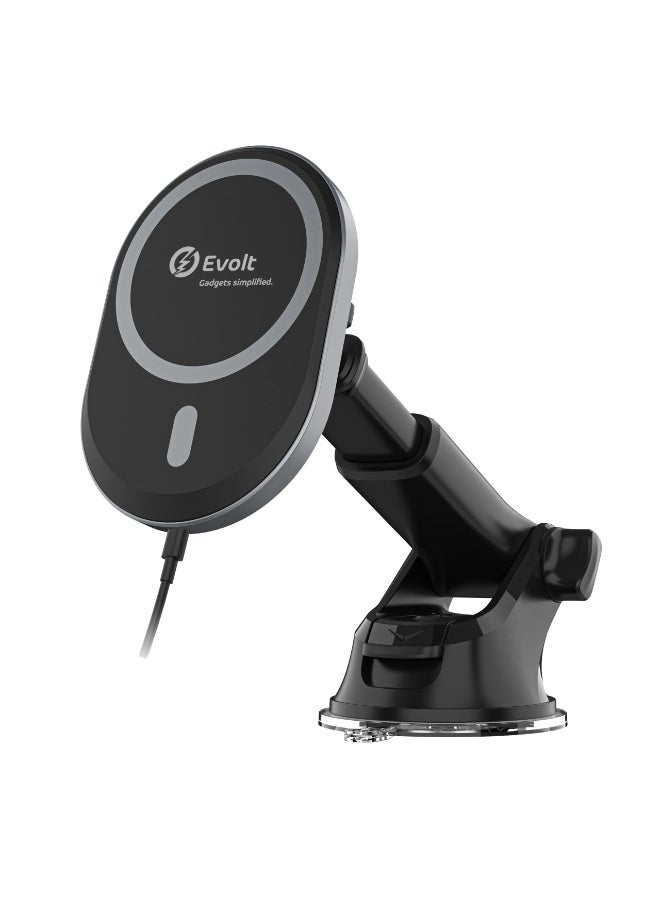 ايڤولت حامل السيارة اللاسلكي المغناطيسي Evolt MCH 200 متوافق مع سلسلة iPhone من 11 إلى 17، متوافق مع لوحة القيادة والزجاج الأمامي مع كابل Type C إلى C واحد - Image 1